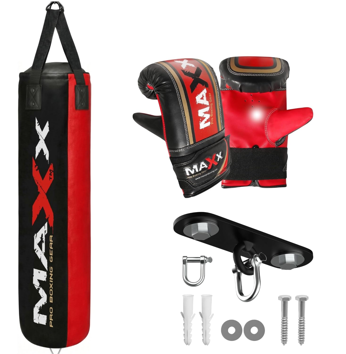 Maxx Black/Red Heavy Duty Punch Bags - Uppercut, Triple, Angle, Wrecking & More (4ft Bag, BAG WITH HOOK+MITTS)
