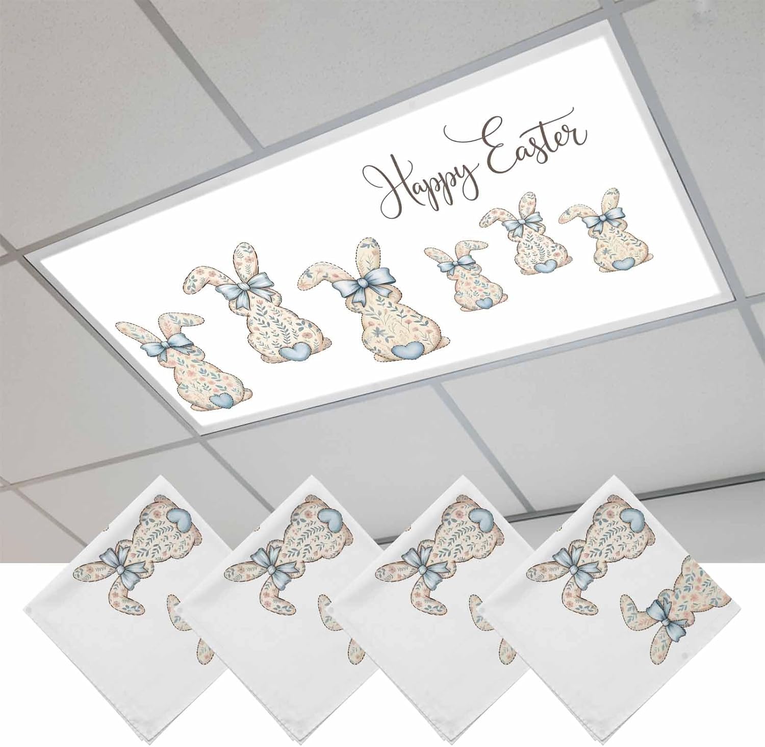 2x4 ft Fluorescent Light Cover for Ceiling Easter Flower Rabbit Magnetic Light Filters, Cartoon Bow Floral Bunny Ceiling Lampshades for Home School Office 4Pcs