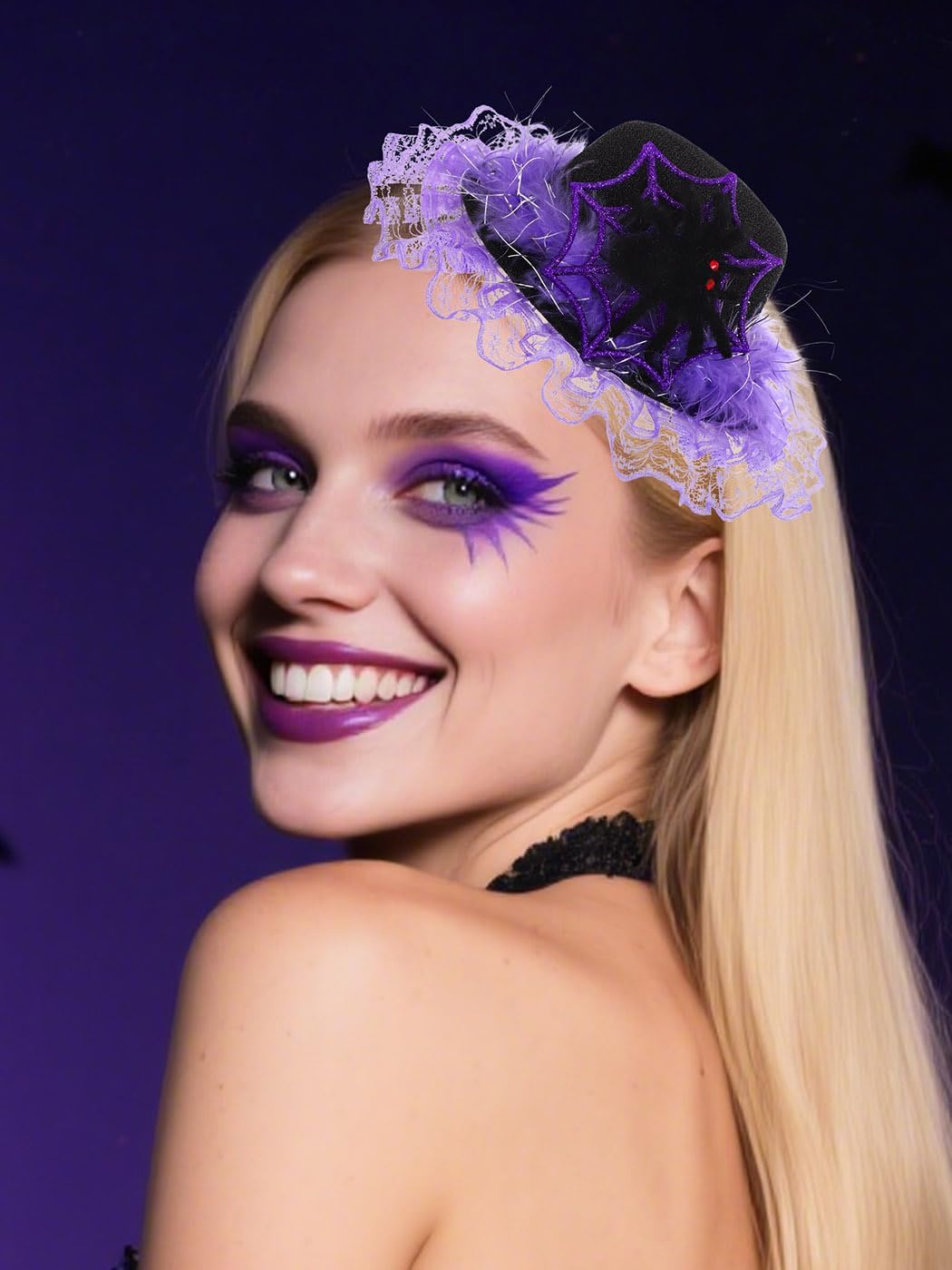 Bohend Light-up Mini Top Hat for Women Sparkly Halloween Tiny Spider Hair Clip Purple Lace Cosplay Fascinator