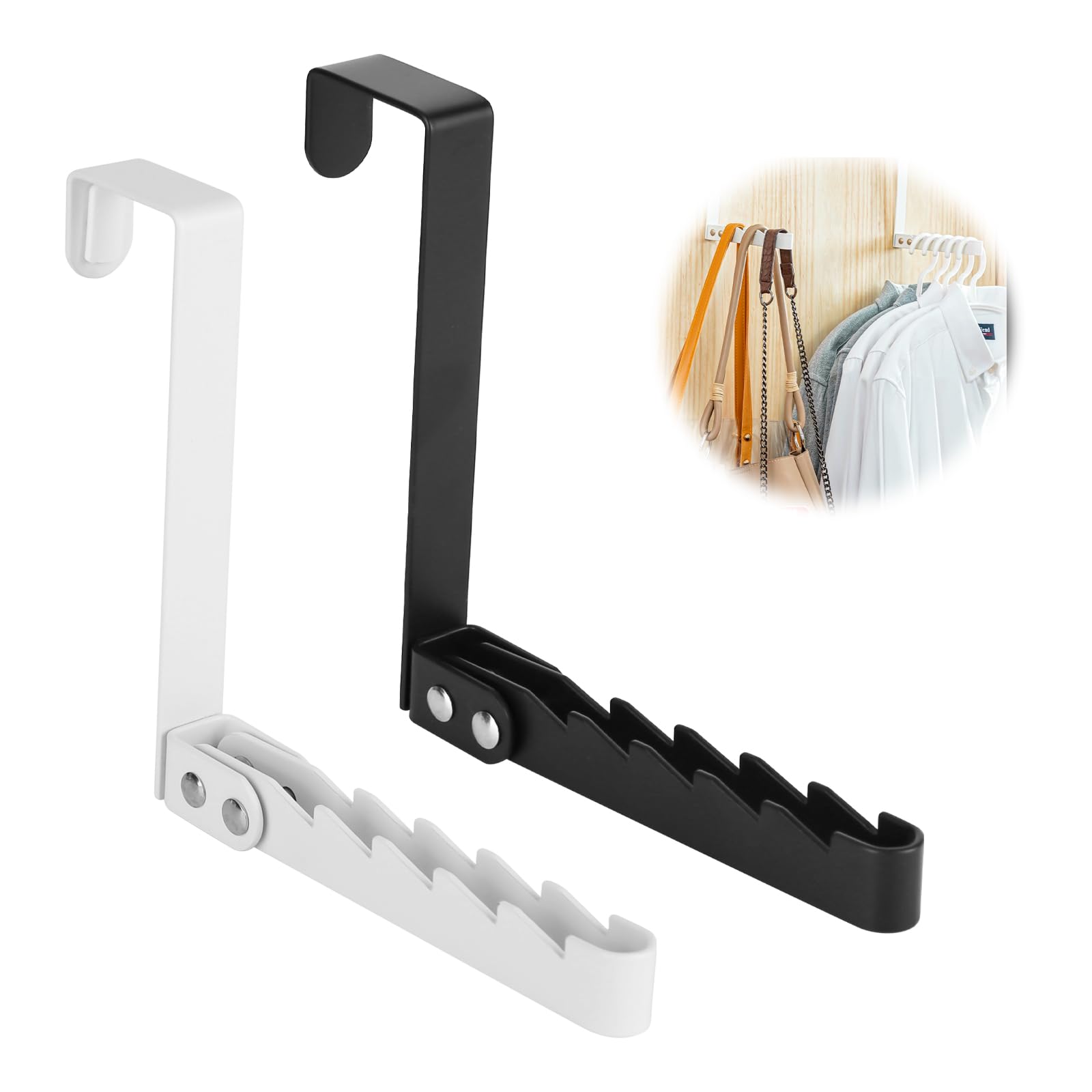 YYTECH 2 Pcs Folding Over Door Hanger Over Door Hooks No-Drilling Hanger Over Folding Clothes Hanger with 5 Grooves for Coats Clothes Hat Towel Jacket White and Black