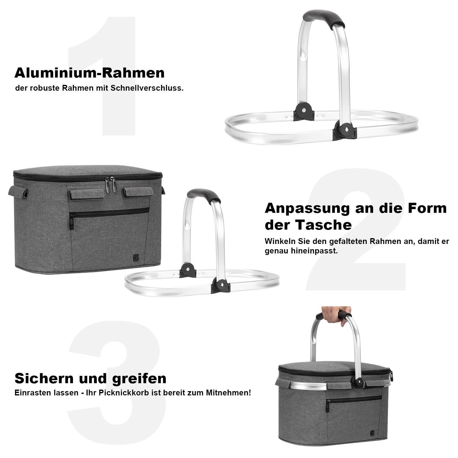 ALLCAMP Faltbar Isoliert Kühltasche - Einkaufskorb Thermo Mit Deckel, Abnehmbarer Picknickkorb 2 Personen, Aluminiumrahmen Kühlkorb, Verdicken Thermokorb