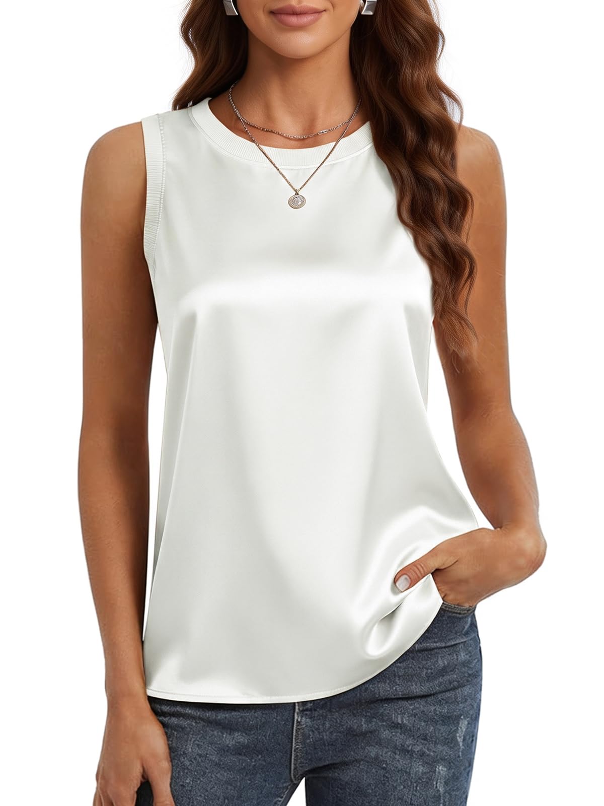 HOTIAN Damen Satin Tank Top Elegant Rundhals Seidentop Sommer Basic Ärmellose Tanktops Oberteile Blusen Shirt
