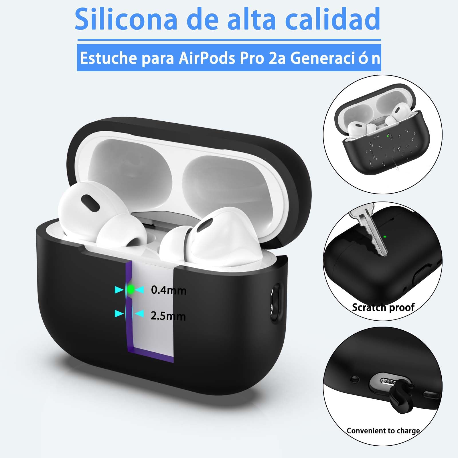 MHYALUDO Funda para AirPods Pro de 2ª generación, Funda para AirPods Pro de Silicona Suave anticaída de Grado Militar Que Absorbe los Golpes, Tacto de Piel con Llavero y Kit de Limpieza,Negro — view 3