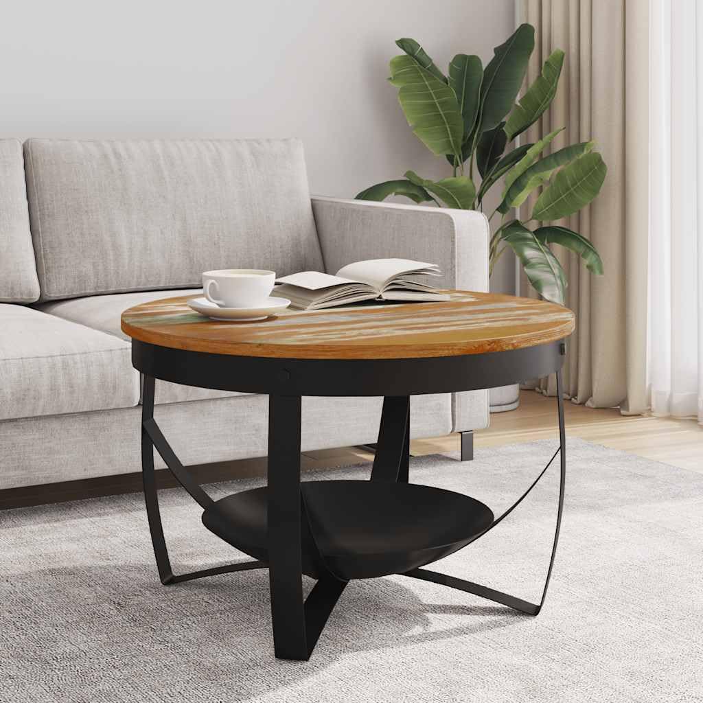 Stolik kawowy Ø 68 x 43 cm, lite drewno z recyklingu, wzornictwo przemysłowe, okrągły stół do salonu, wykonany ręcznie ze starego drewna, stabilny żelazny stelaż