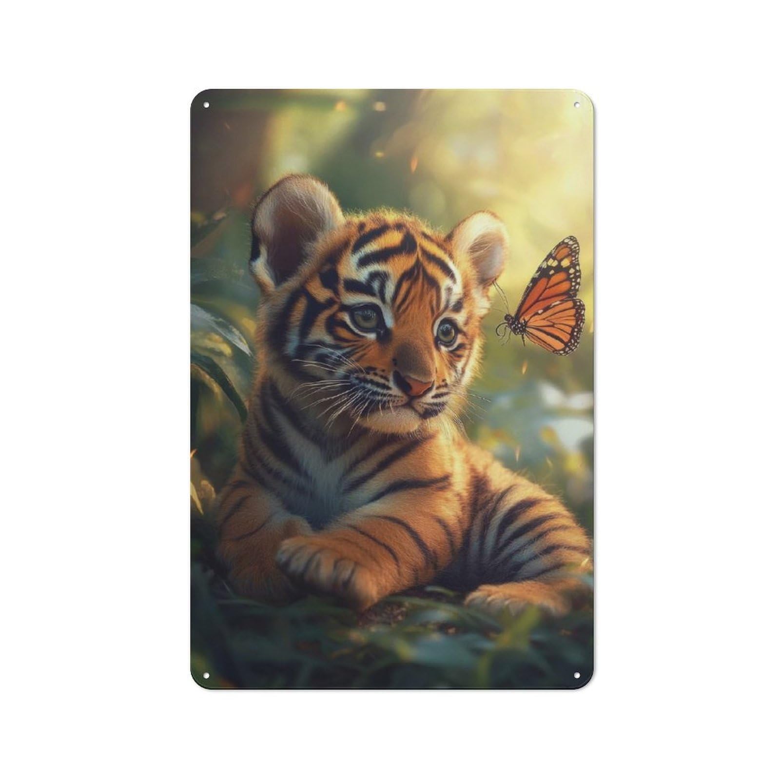 Vintage Retro Metal Sign 30x20cm Featuring Tiger Cub with Butterfly, Garage Wall Decor for Garage, Workshop, Shed Or Utility Room