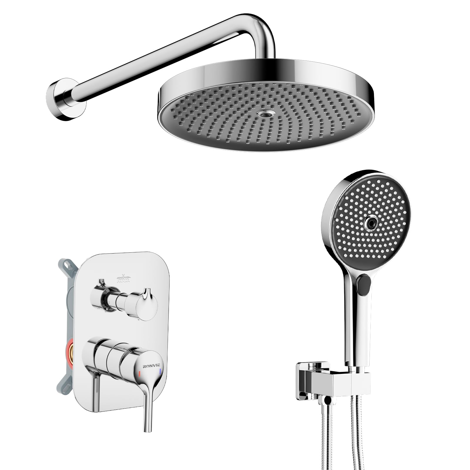 Ronvie Concealed Shower Mixer Set, 2-Outlet Brass Shower System with 10 Inch High Pressure Rainfall Shower Head and Handheld Spray, Anti-Clog Nozzle Wall Mounted Chrome Bathroom Fixtures（Chrome）