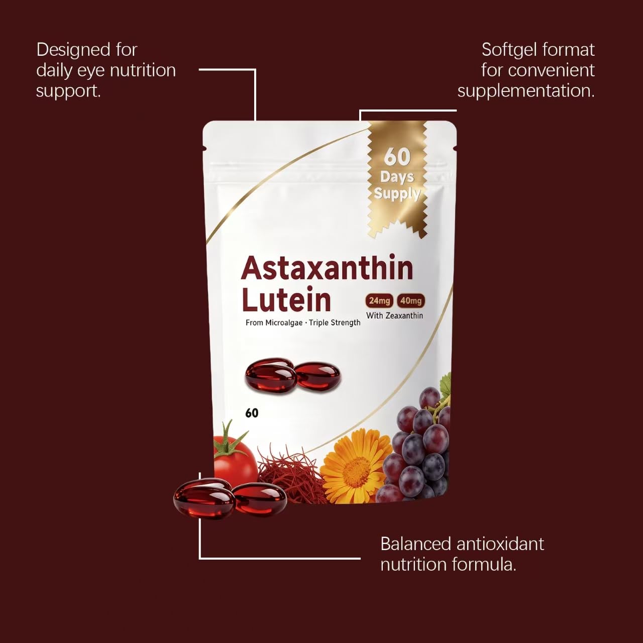 Astaksantyna Luteina | Aktywność antyoksydacyjna, Wsparcie odporności, Skóra||60 sztuk,3pcs