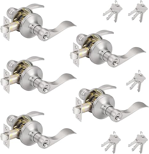 Probrico - Paquete de 5 manijas de entrada con llave de estilo ondulado, manijas de puerta reversibles con llave con cerradura y llaves iguales,