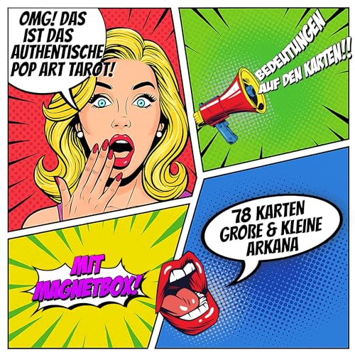 Tarotkarten Pop Art Tarot – 78 Tarot Karten Deutsch mit Bedeutungen – Magnetische Geschenkbox – 400 GSM Dicke Karten, einfache Mischung – Tarotkarten mit Buch (Deutsch)