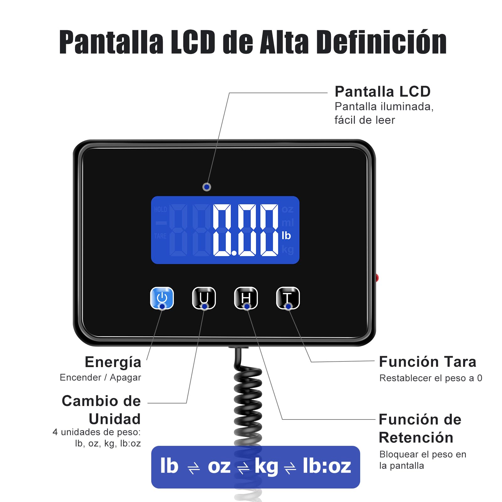 Bascula Industrial, Bascula Maletas Viaje de 300kg/20g con Función de Retención/Tara, Báscula con Pantalla LCD para Paquetes, Equipaje y Almacén, Incluye 2 Baterías AAA y Cable de Carga