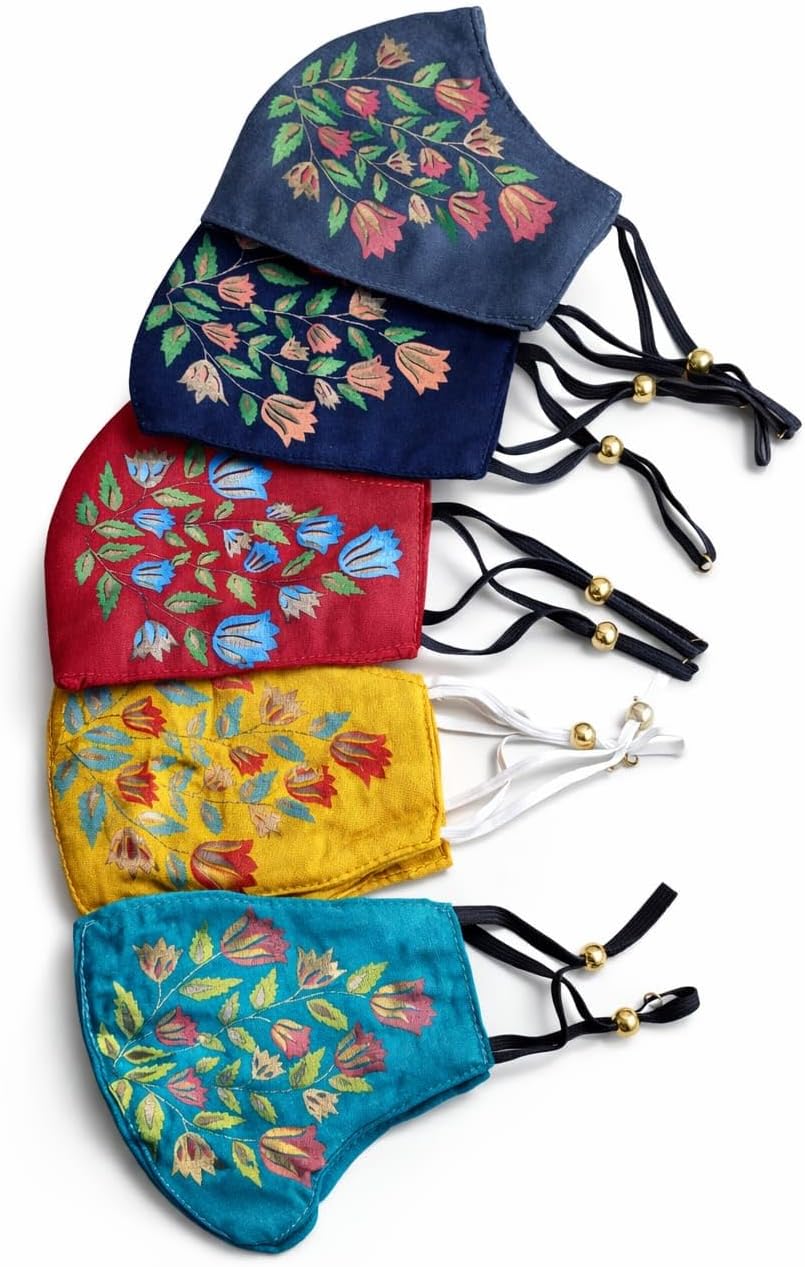 Floral Printed Face Masks, Reusable Cloth Masks with Adjustable Straps, Multi-Color Set of 5