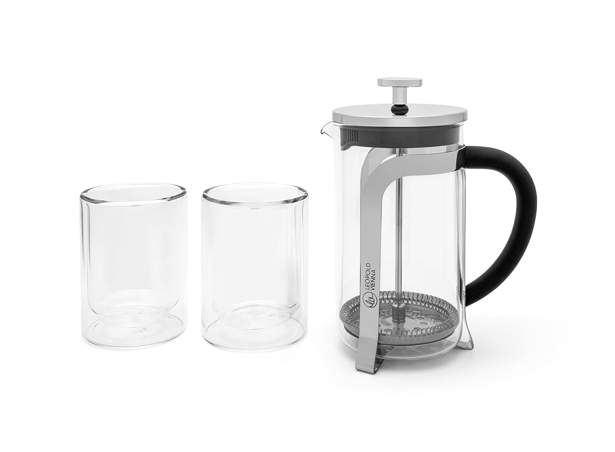 Leopold Vienna3-Piece Coffee Maker Set 600 ml for 5 Cups of Coffee - Pressing Jug Made of Glass with 2 Double-Walled Coffee Cups