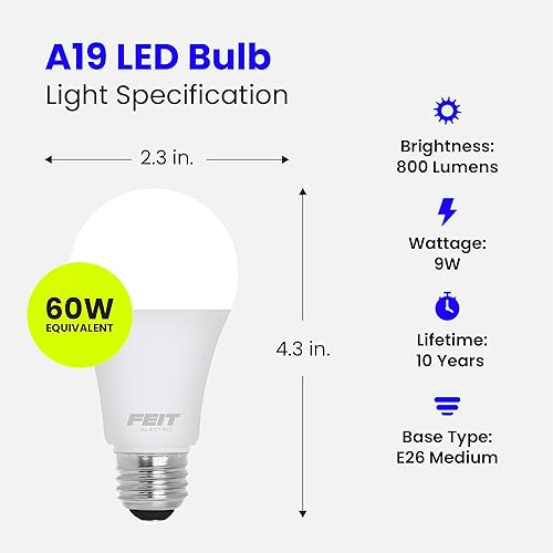 Miniatura 3 de Feit Electric Bombilla LED A19, equivalente a 60 W, no regulable, 800 lúmenes, base media E26, blanco brillante de 3000 K, CRI 90, vida útil de 10