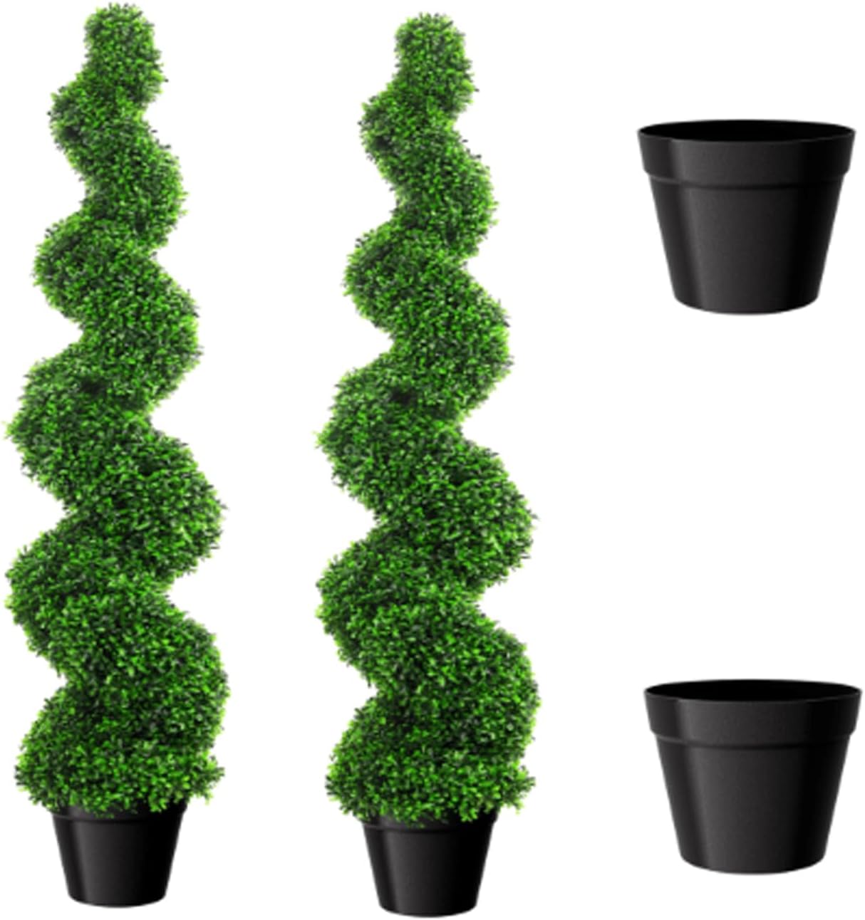 Artificial Topiary Trees, 2 Pack Spiral Boxwood Shrub with Rust-Resistant Steel Frame, 38.2 Inch Pre-Assembled Faux Greenery for Indoor Home Decor with Included Black Planters