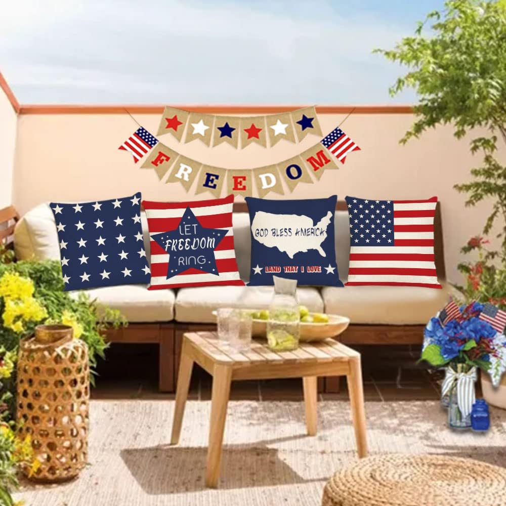 4th of July Throw Pillow Covers 16x16 Set of 4 Patriotic Pillow Covers American Flag Day Memorial Day Independence Red White Blue Pillow Case Cushion Covers Home Outdoor Sofa Couch Decorations