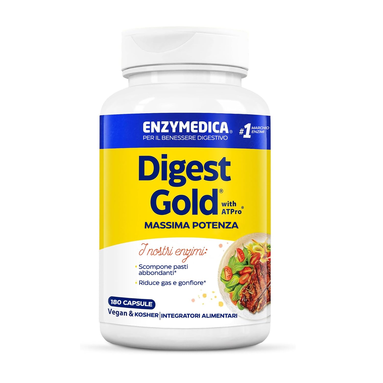 Enzymedica, Digest Gold, Integratore Alimentari con Enzimi Digestivi ad Azione Rapida, Gluten Free, Senza Lattosio, 180 Capsulas