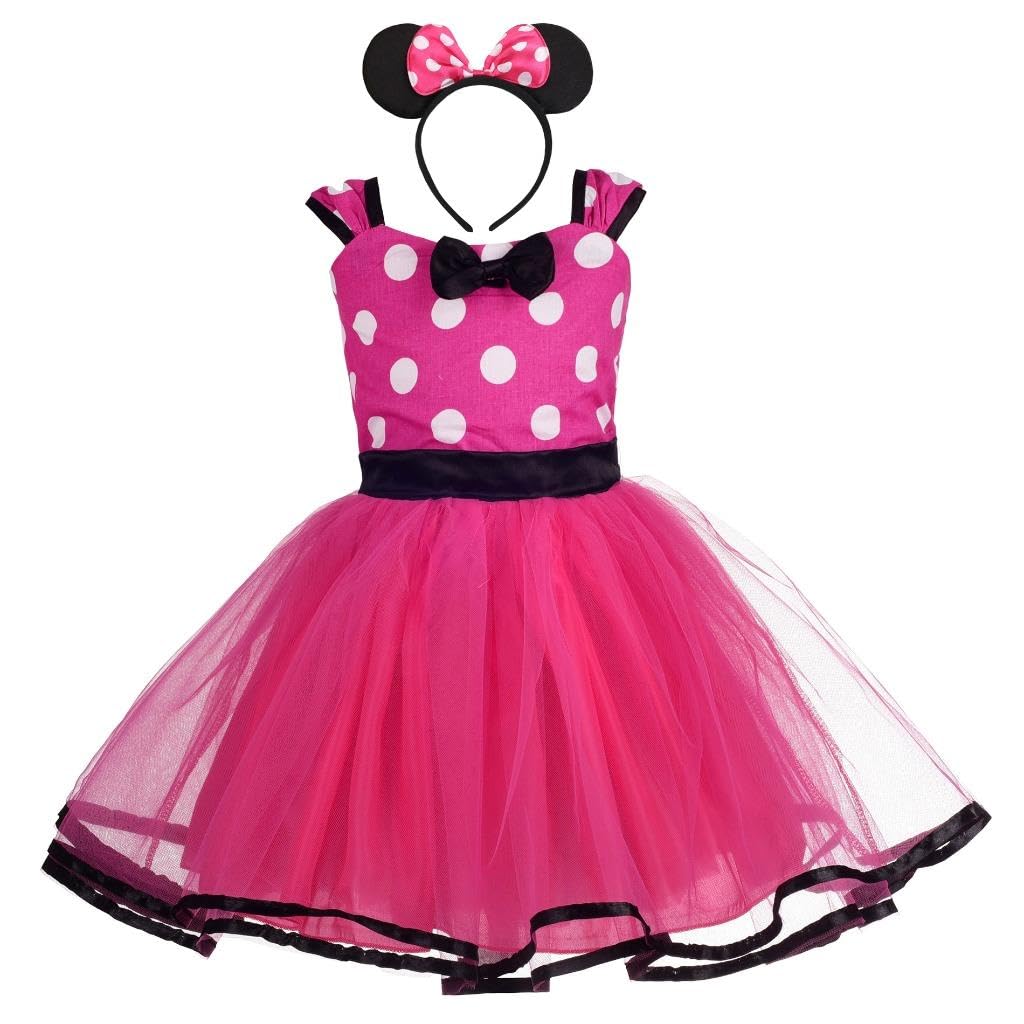 Opgroeie Baby Girls Polka Dot Princess Dress with Ears Headband, Toddler & Little Girls Party Outfit, Cute Bowknot Tulle Fancy Dress Up Costume for Birthday, Halloween