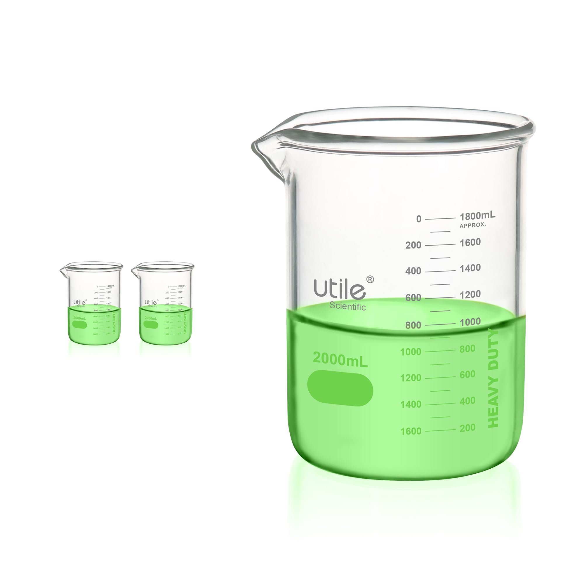 Utile 2 bicchieri in vetro borosilicato 3.3 con graduazione stampata, 2000 ml, confezione da 2 pezzi