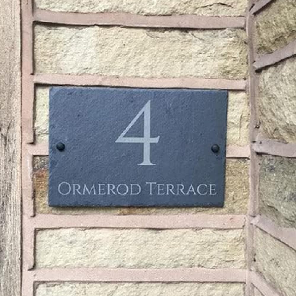 One of a Kind Design UK Natural Personalised Slate House Sign, House Number Plaque, Personalised Address Number Plate, Outdoor Name Plate with Fixings, 30x20cm, UV Stable, Weather Resistant, Slate