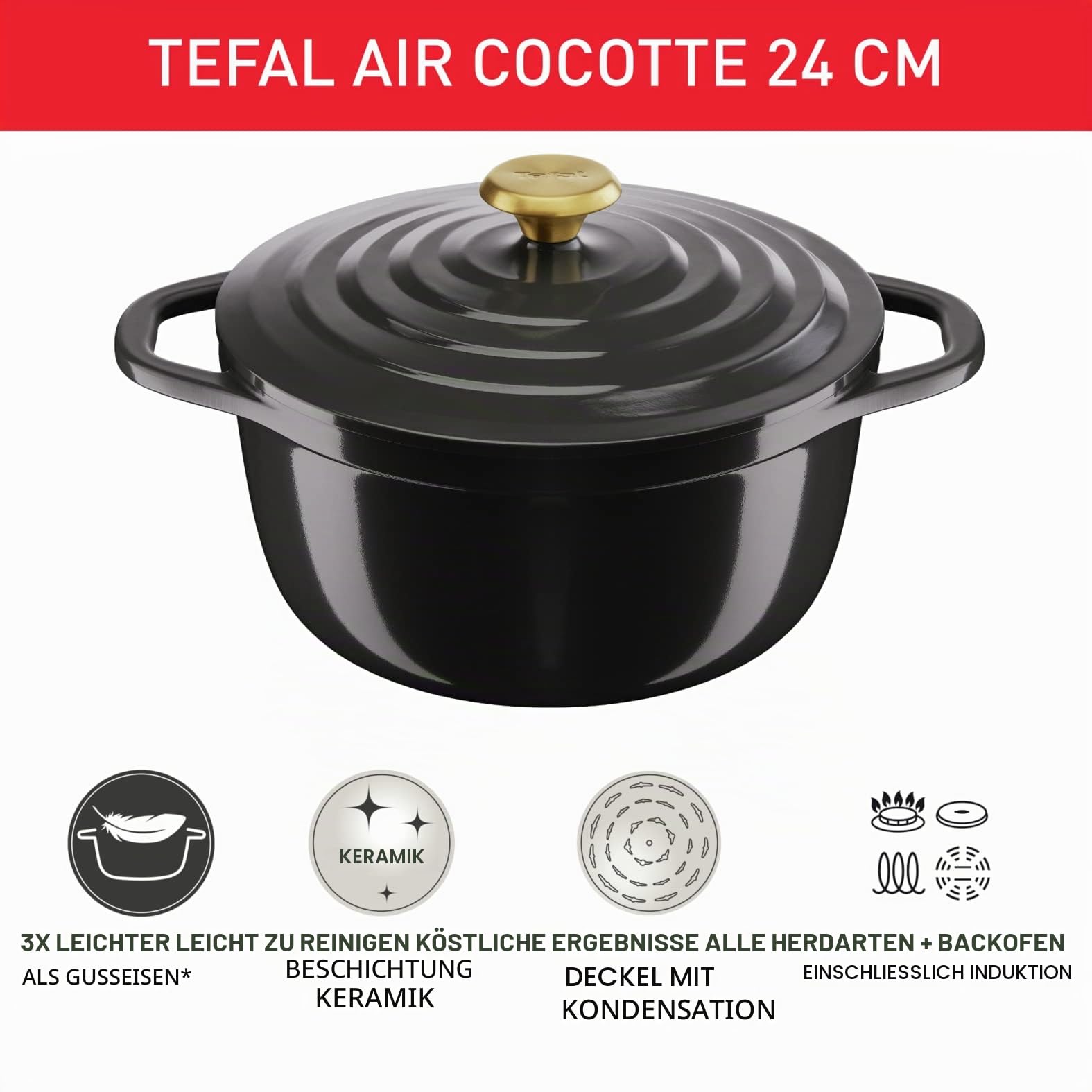 Tefal Air E2554604 Runde Auflaufform, antihaftbeschichtet, Induktion, Aluminiumguss (Leichter als Gusseisen), mit Deckel, Grau