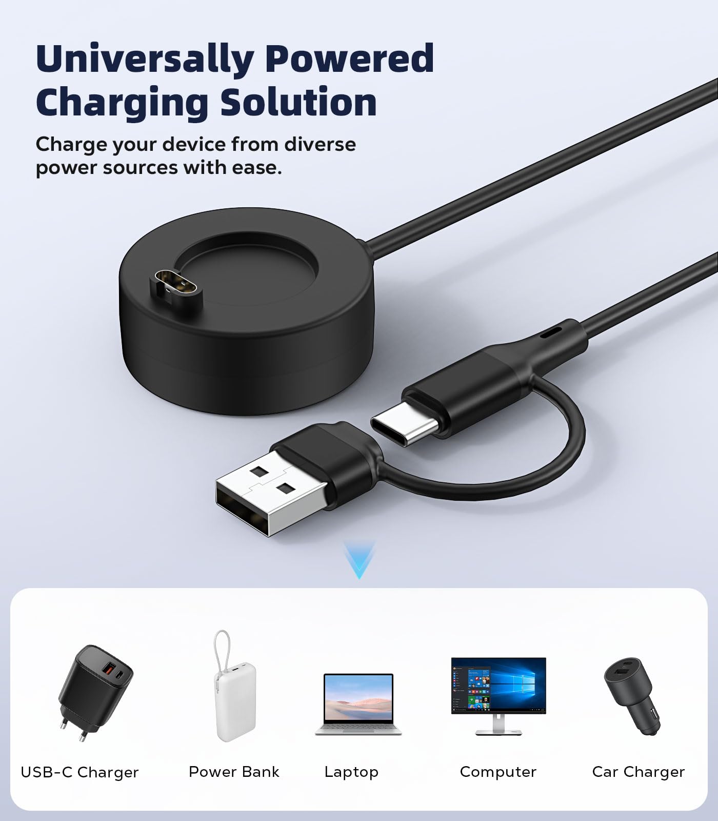 MoKo 2 in 1 Garmin Watch Charger, USB-C Charger Cable Compatible with Garmin Vivoactive 6/5, Fenix 8/7/6/5, Forerunner 970/570/965/265/255/165, Instinct, Venu 4/3s, 3.3 ft/1m Charging Code, Black