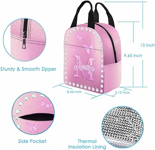 Miniatura 4 de InterestPrint Bolsa de almuerzo aislada personalizada para niñoniña, diseño de mariposa rosa, diamante, nombre personalizado, caja de almuerzo
