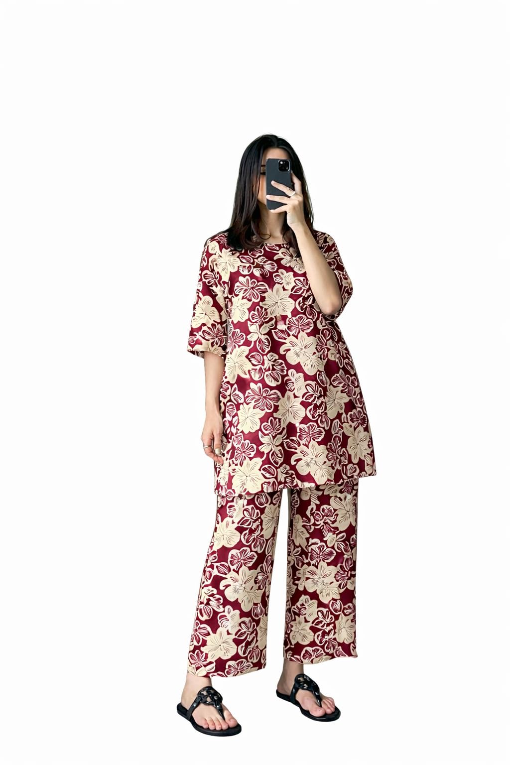 KaSwa Floral Print Co-ord Set, 3/4th Sleeve Top with Wide Leg Trousers - Burgundy and Cream - (Size - L)-picture-47