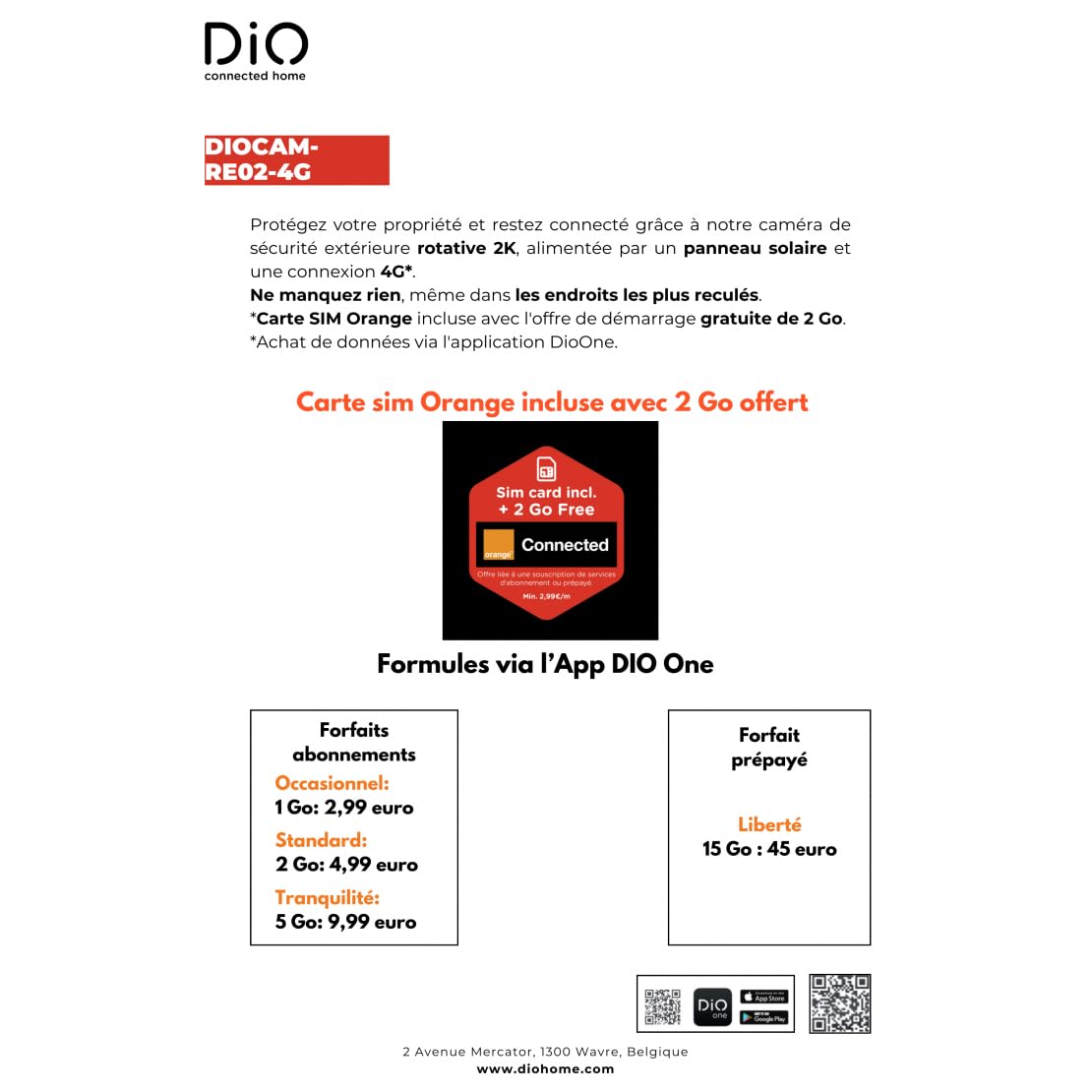DiO Caméra rotative d’extérieur sur Batterie sans Fil 4G avec Panneau Solaire