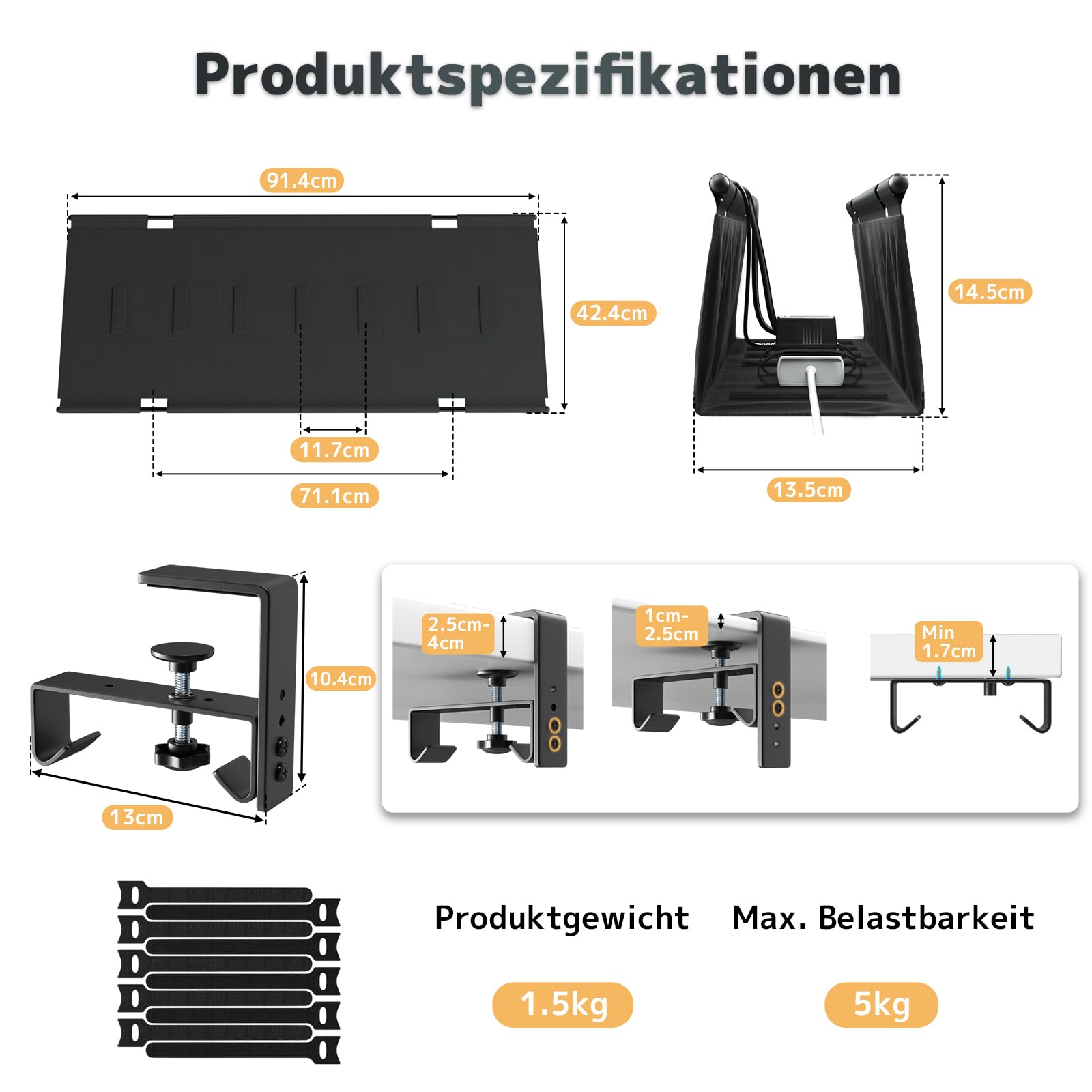Kabelkanal Schreibtisch Ohne Bohren, 90cm Unter dem Kabelmanagement Schreibtisch mit Klemmen/Schraubmontage, Stabiler & Wasserdichter Stoff-Kabelorganizer für Zuhause und Büro, Schwarz
