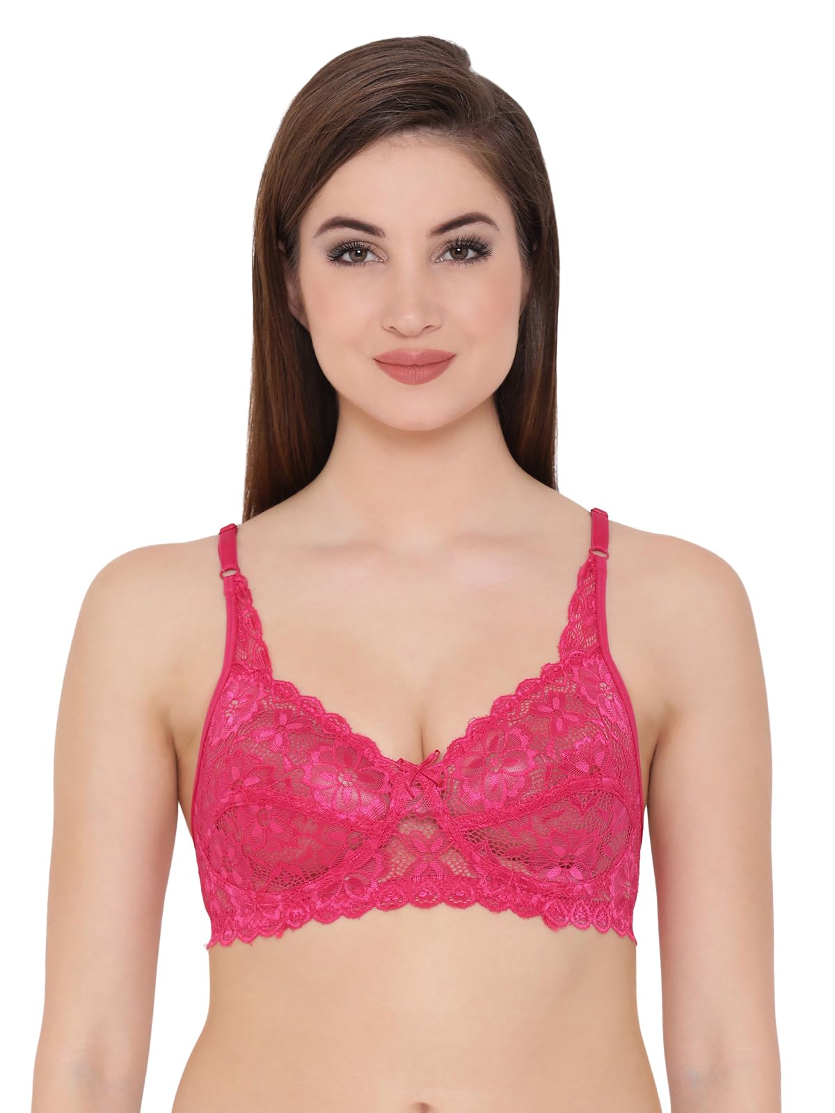 Women's Lace Solid Non-Padded Full Cup Wire Free Bra - Light Red