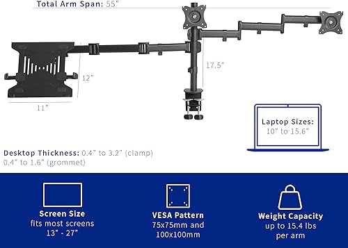 Miniatura 3 de VIVO Soporte de monitor dual  portátil para pantallas de 13 a 27 pulgadas y portátiles de 10 a 156 pulgadas visualización de triple pantalla brazos