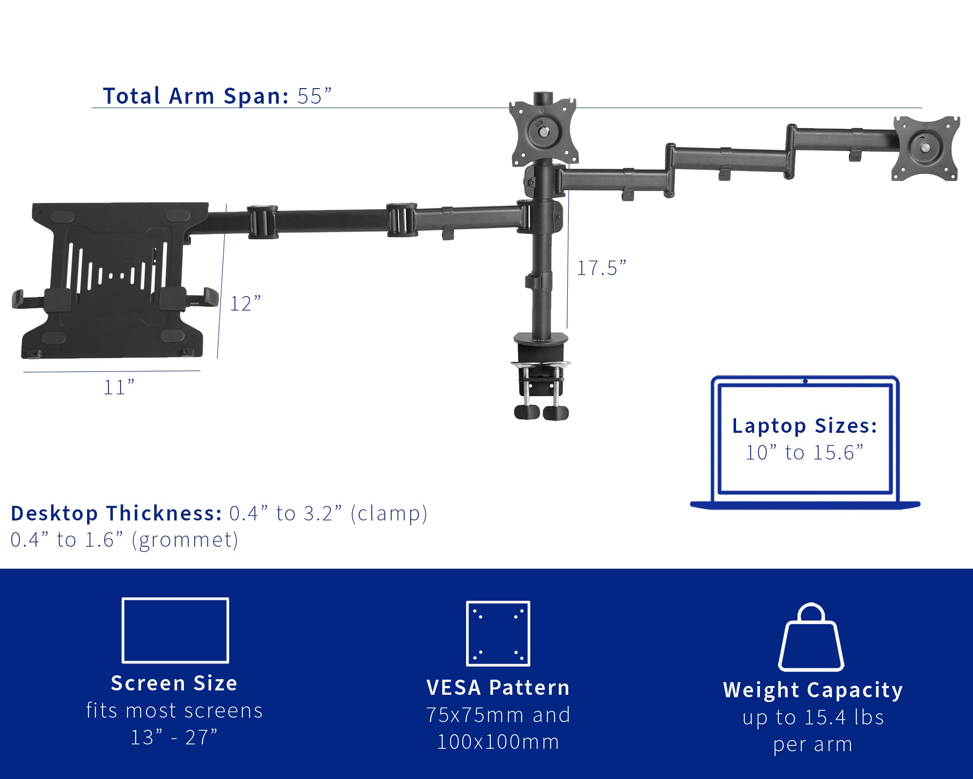Vivo Soporte Dual para Monitor + portátil para Pantallas de 13 a 27 Pulgadas y portátiles de 10 a 15.6 Pulgadas, visualización de Pantalla Triple, Brazos articulados, Negro, STAND-V013L
