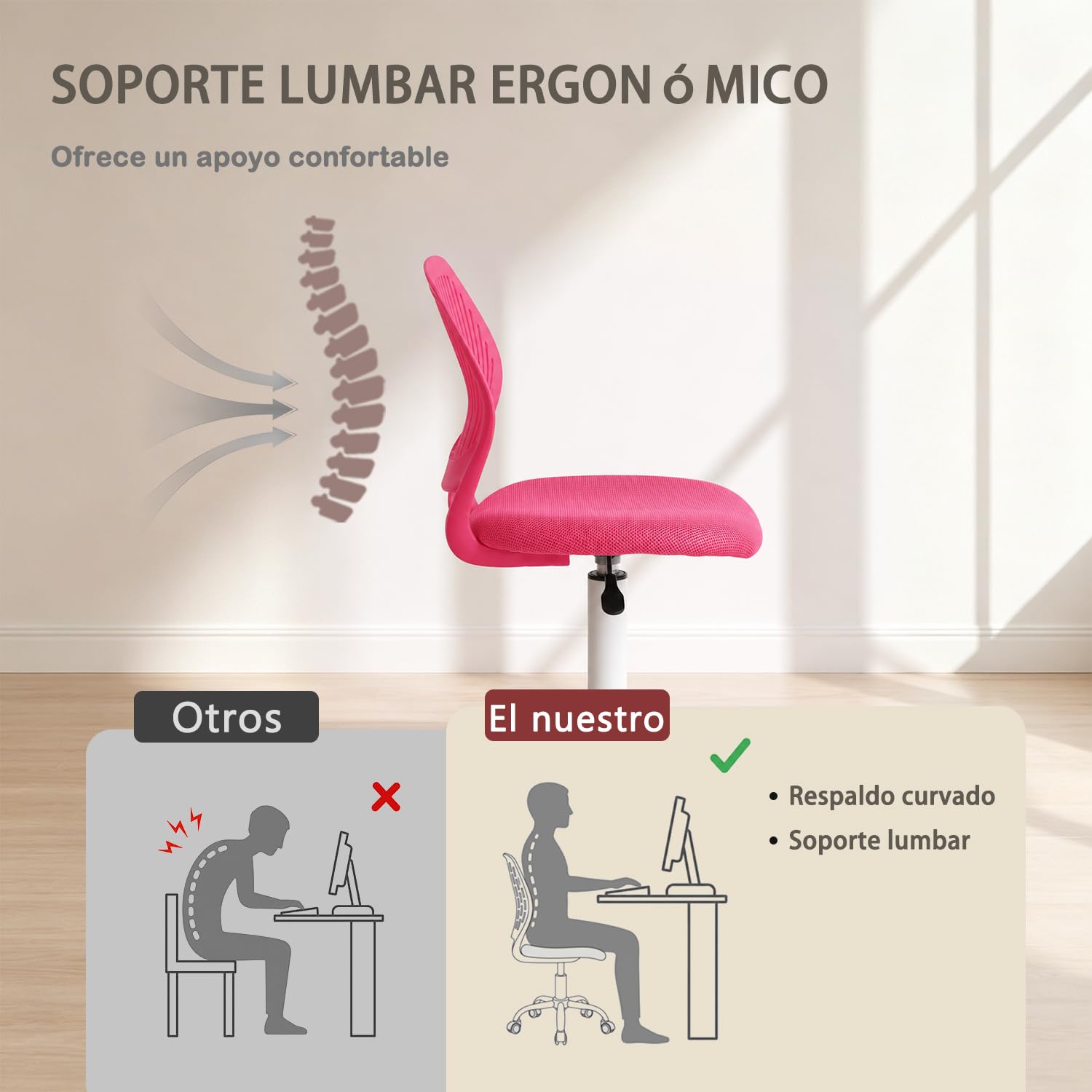 MEUBLE Cosy Silla de Oficina Ergonómica, Silla de Escritorio Giratoria Regulable en Altura, sin Reposabrazos, con Ruedas para Teletrabajo, Estudio y Dormitorio, Rosa Blush