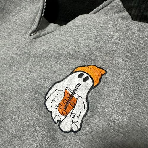 Noni Custom Embroidered Halloween Quarter Zip Sweatshirt - Ghost Shirt - Halloween Embroidered Sweatshirt-Ghost-Fall Sweatshirt-Spooky Season-1/4 zip3
