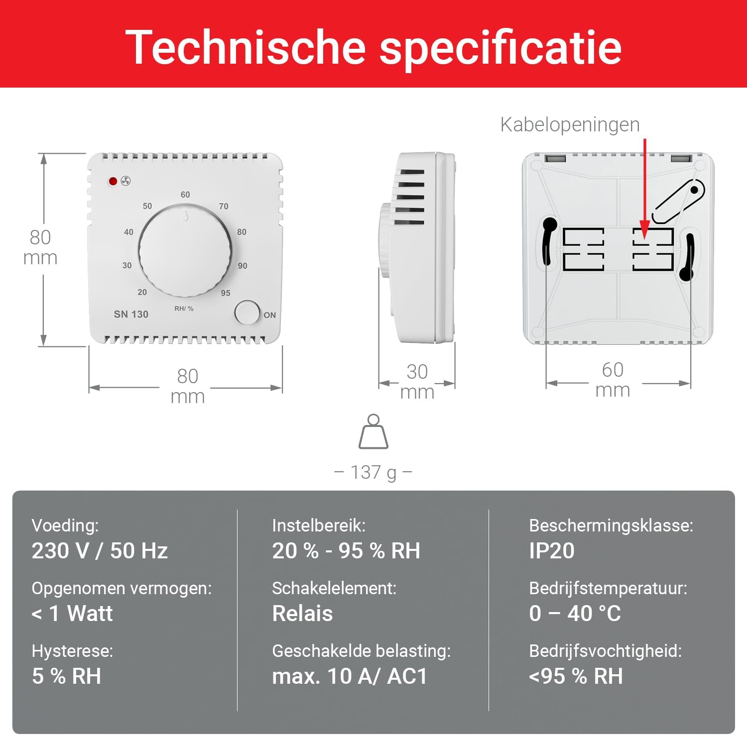 Technical specifications diagram for ELEKTROBOCK SN130 Humidity Sensor showing dimensions and electrical parameters