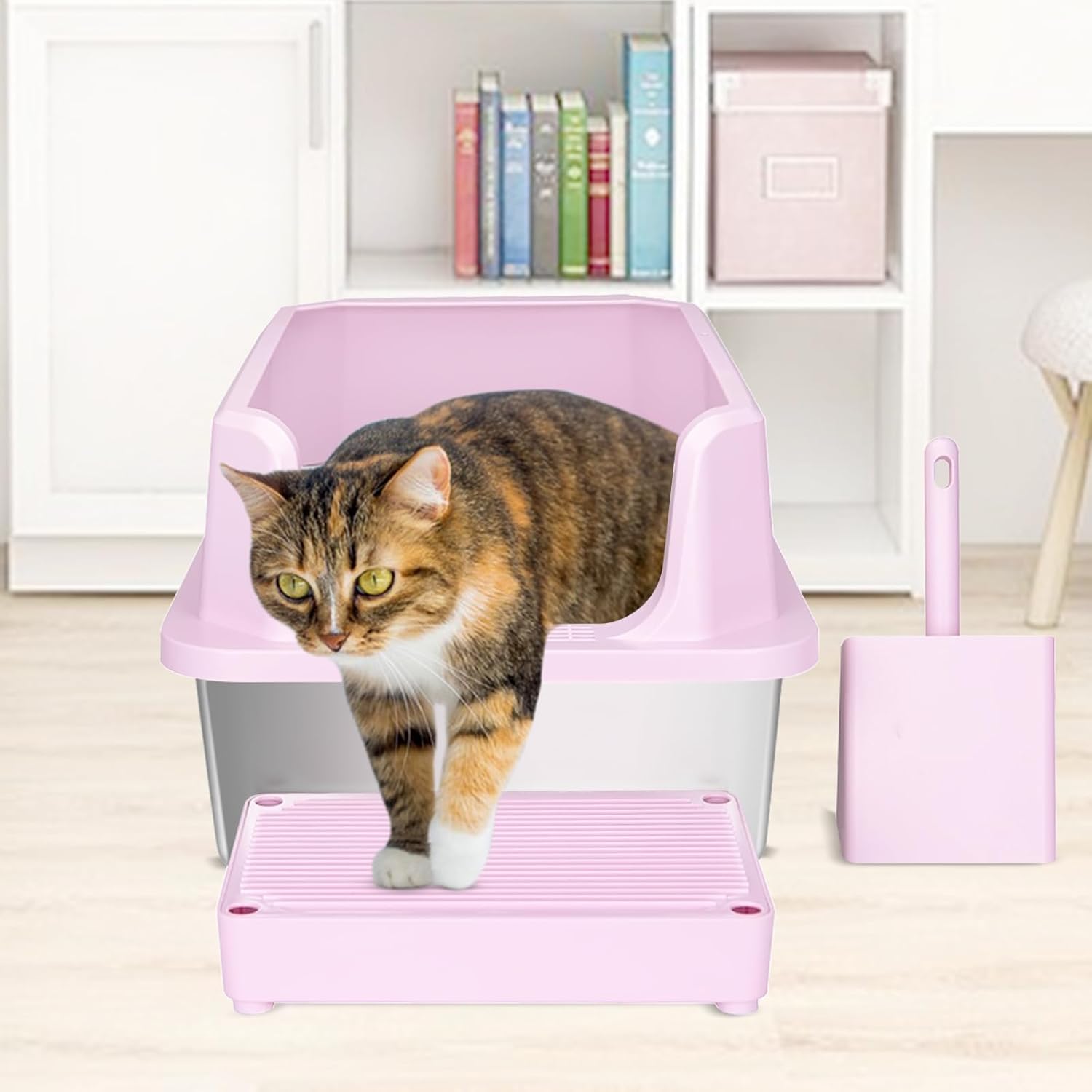 RIZZARI Large Stainless Steel Cat Litter Box: Open Top Leak-Proof Large Cat Pan - Odor Control for Indoor Multi-Cat Homes (Light Pink, 23.8" L*16" W*12" H)