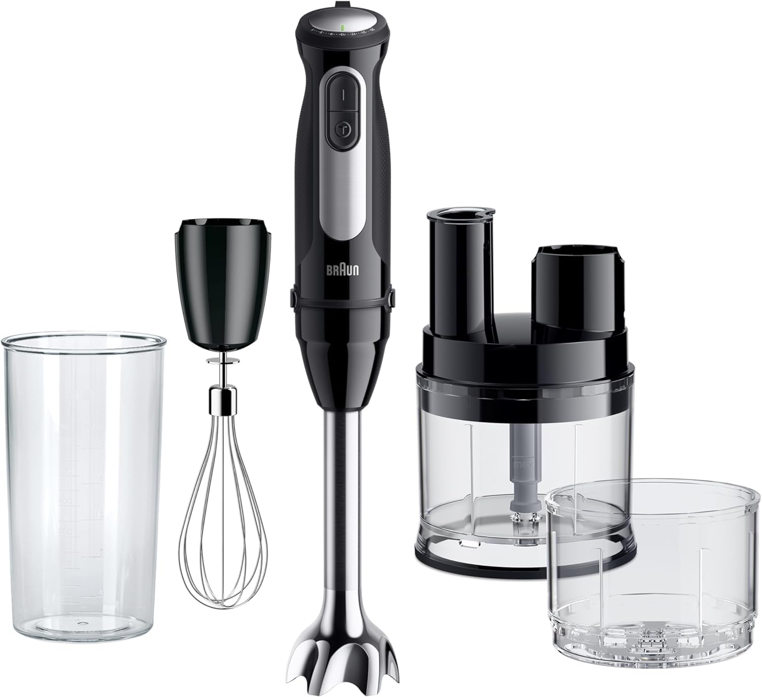 Braun MultiQuick 5 Pro - Mixeur plongeant avec Bol multifonction, mini hachoir et fouet pour soupes, smoothies et purées bébé, 25 vitesses + Turbo, 1000 W, Noir (MQ55755M)
