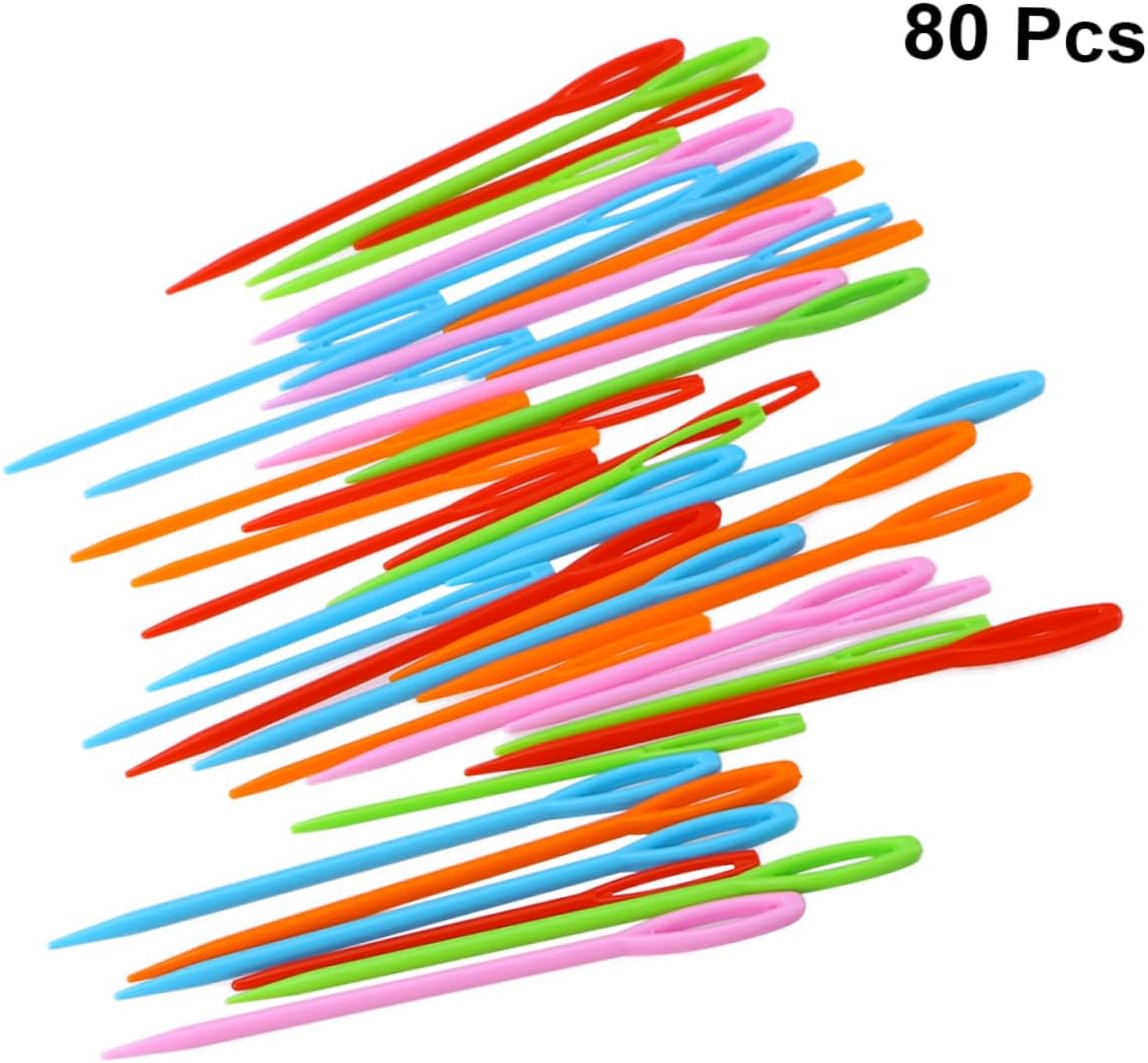 KONTONTY 80pcs Mixed Plastic Sewing Needles for Boys and Girls Sewing Knitting Weaving Projects