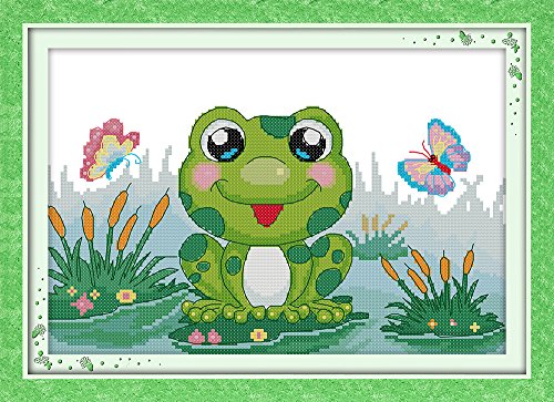 Maydear Cross Stitch Kits Stamped Full Range of Embroidery Starter Kits for Beginners DIY 11CT 3 Strands - Little Frog 17×11(inch)