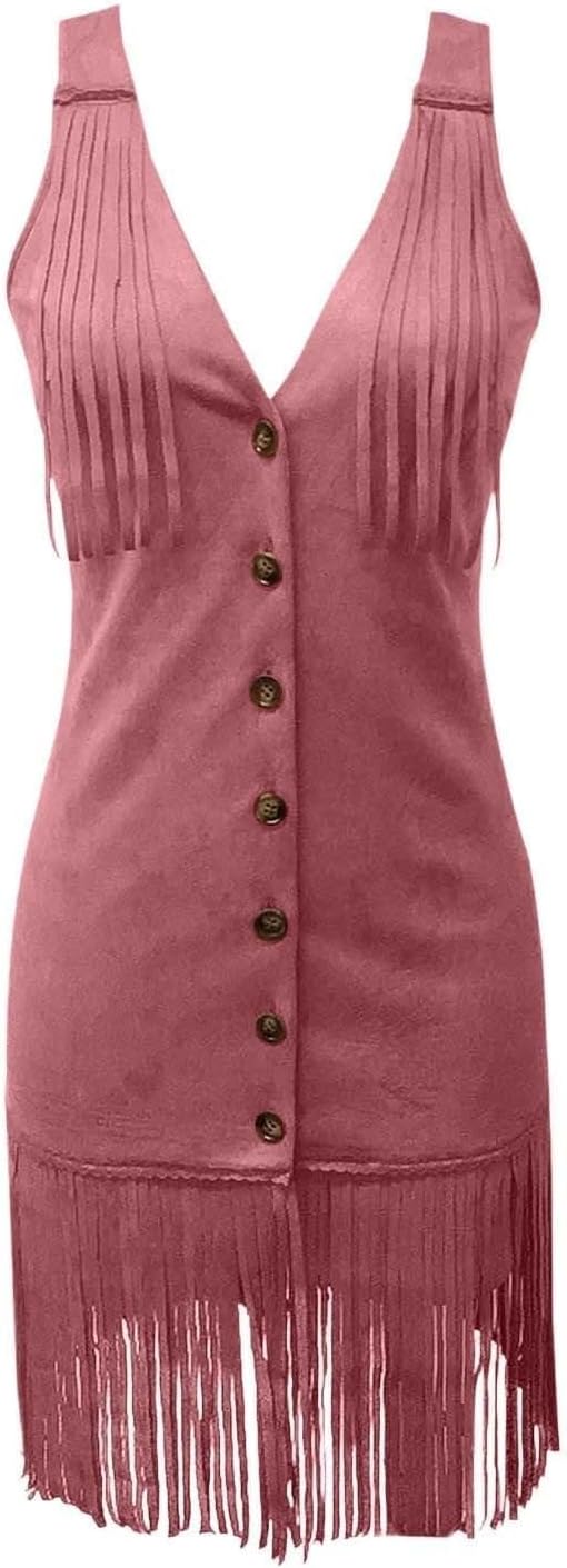 Oplxuo Sexy Cowgirl Dress for Women Country Concert Tassel Western Dresses V Neck Front Button Sleeveless Bodycon Mini Dress