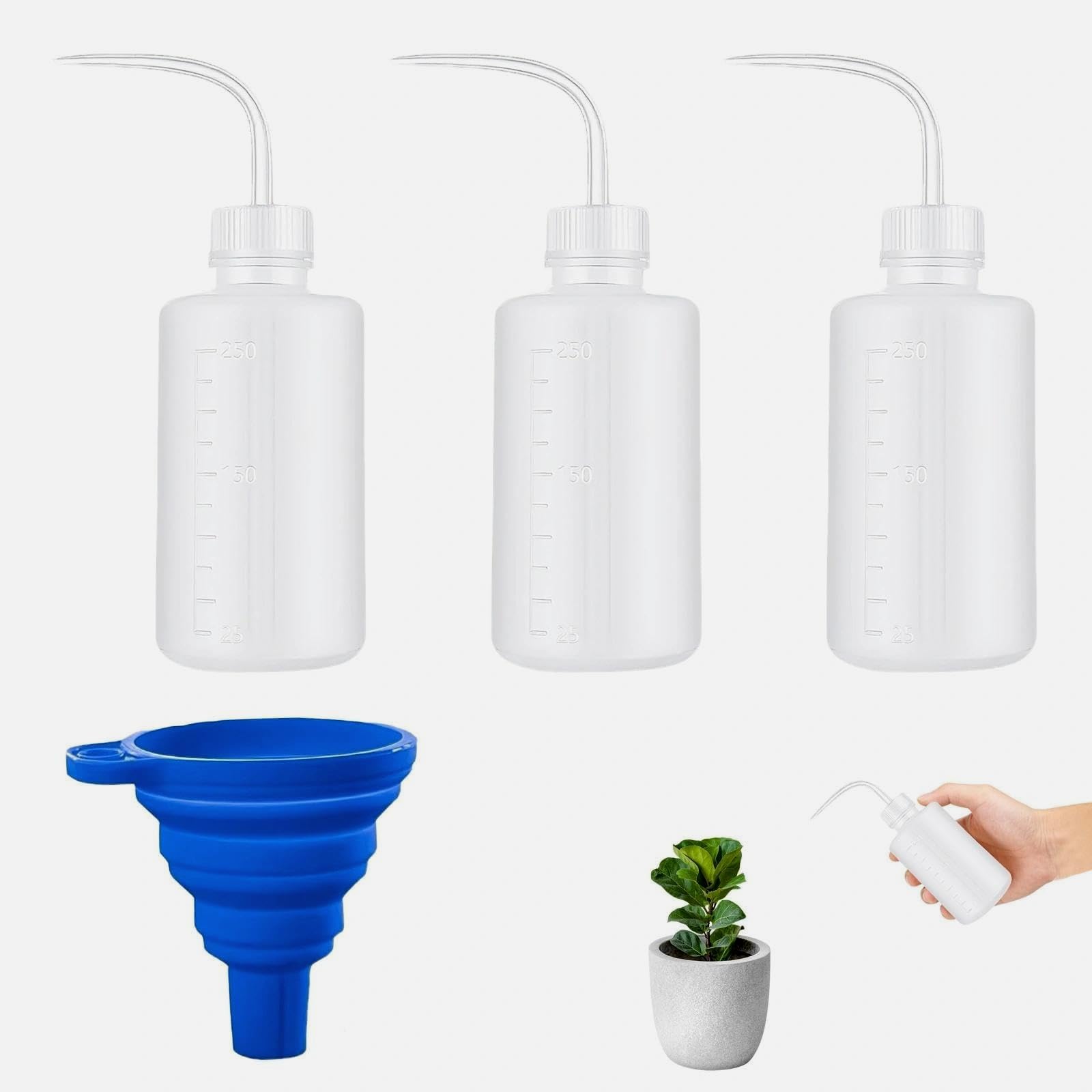 Jiuchaotong White 3 Pcs 250Ml Wash Bottle, Squeeze Bottle, Squeeze Bottles With Nozzles, Economy Natural Condiment Water Bottles, With Folding Funnel, For Lab, Plant Watering, Tattoo Wash,