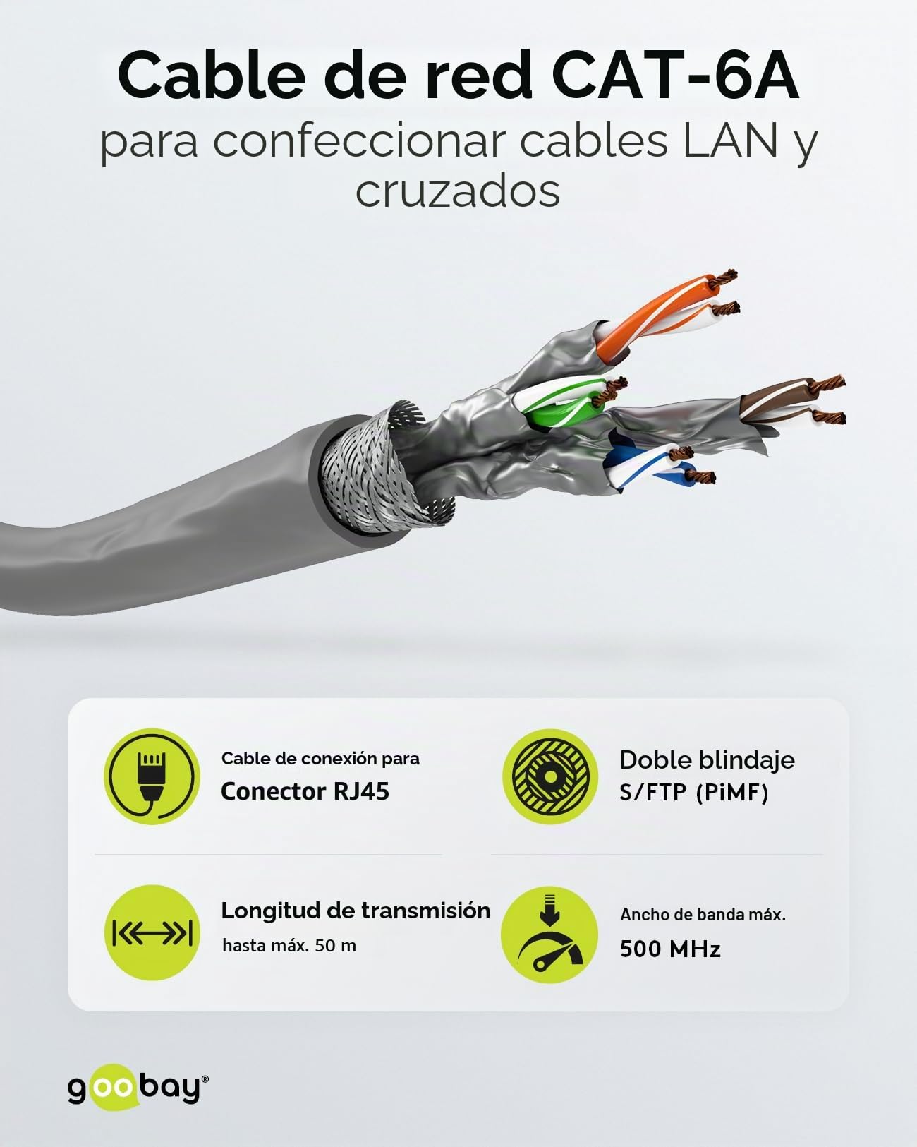 Goobay 96095 Cable de red CAT 6 A cable de instalación 305m CAT 6A cable de conexión S/FTP cable Ethernet sin halógenos sin enchufe Cable LAN gris 350 metros