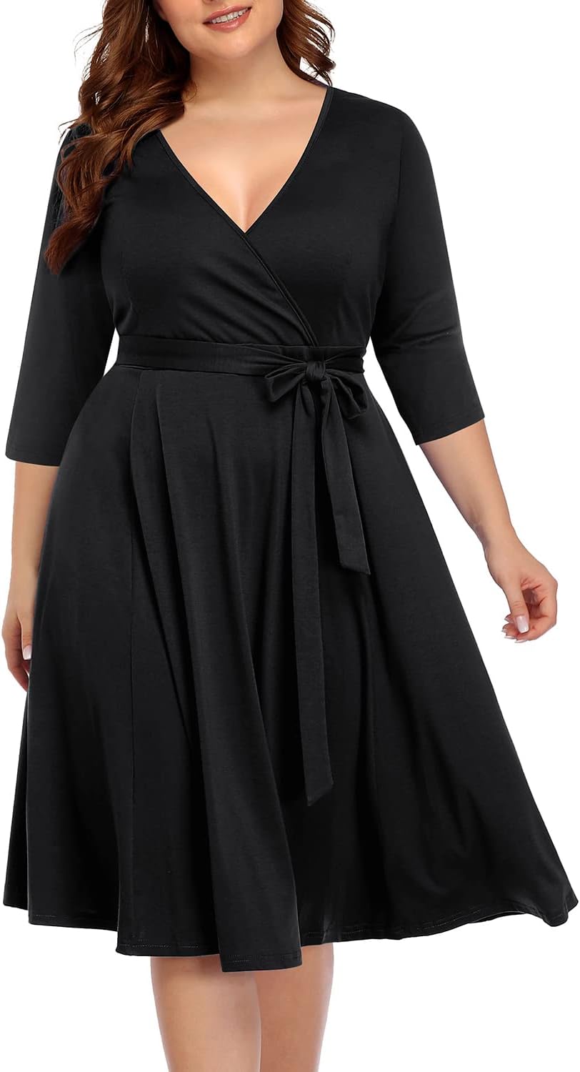 Pinup Fashion Women's Plus Size Faux Wrap V Neck 3/4 Sleeve Fit and Flare Wedding Guest Casual Party Midi Dress - Image 3