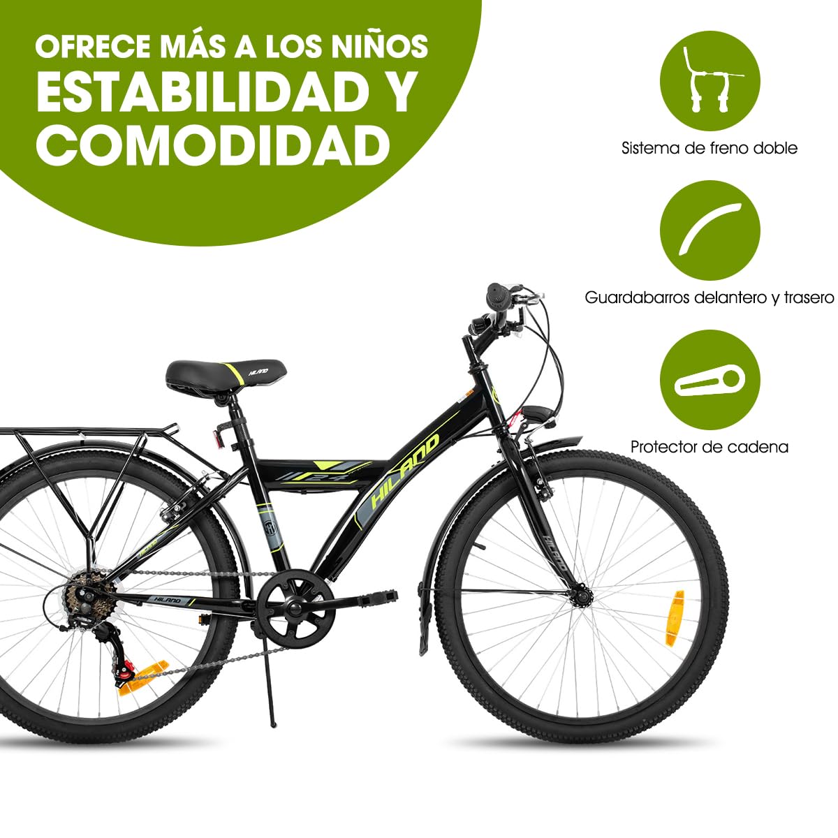 HILAND Bicicleta de Montaña Infantil 24”, para Niños y Niñas 7-11 Años, Cambio 6 Velocidades, con Soporte, Color Negro