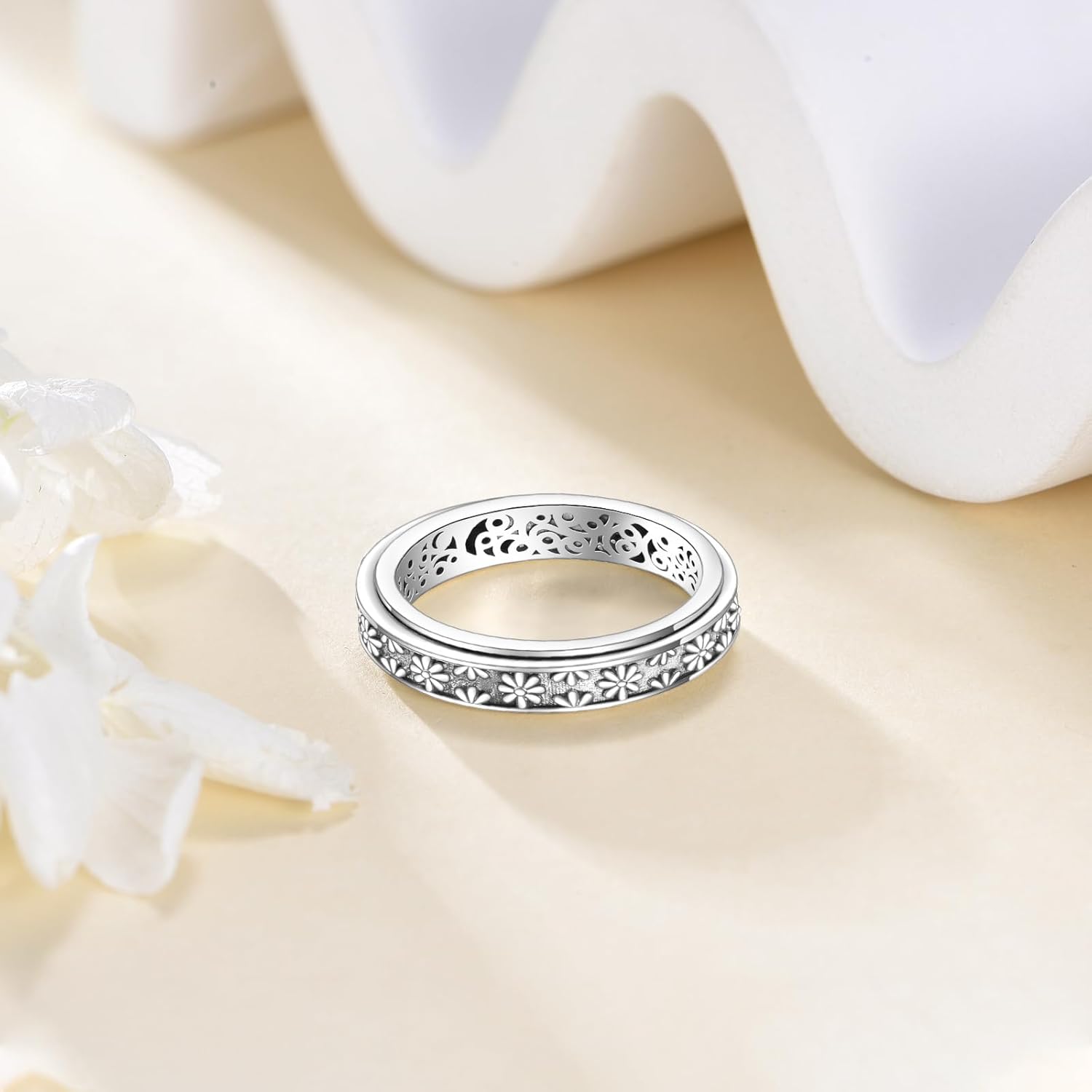 Anxiety Ring Sterling Silver Daisy Flower Ring Fidget Spinner Ring Fidget Jewelry for Women Size 7 8 - Image 6