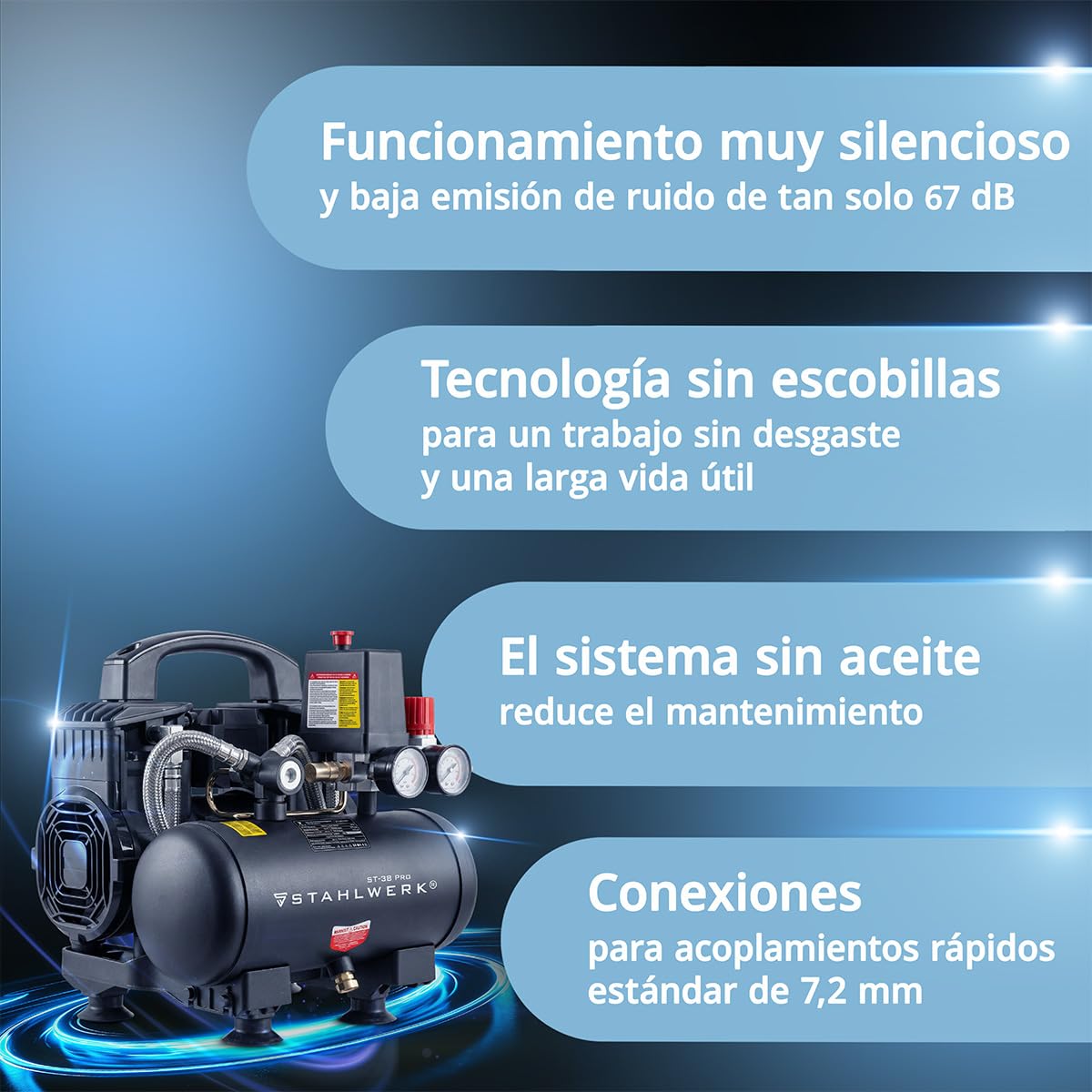 STAHLWERK Compresor con tanque de 3 L (ST-38 Pro) – sin aceite y silencioso, 8 bar, compresor de aire con motores sin escobillas, 1,60 CV, 1,18 kW, 190 l/min, compresor de pistón silencioso
