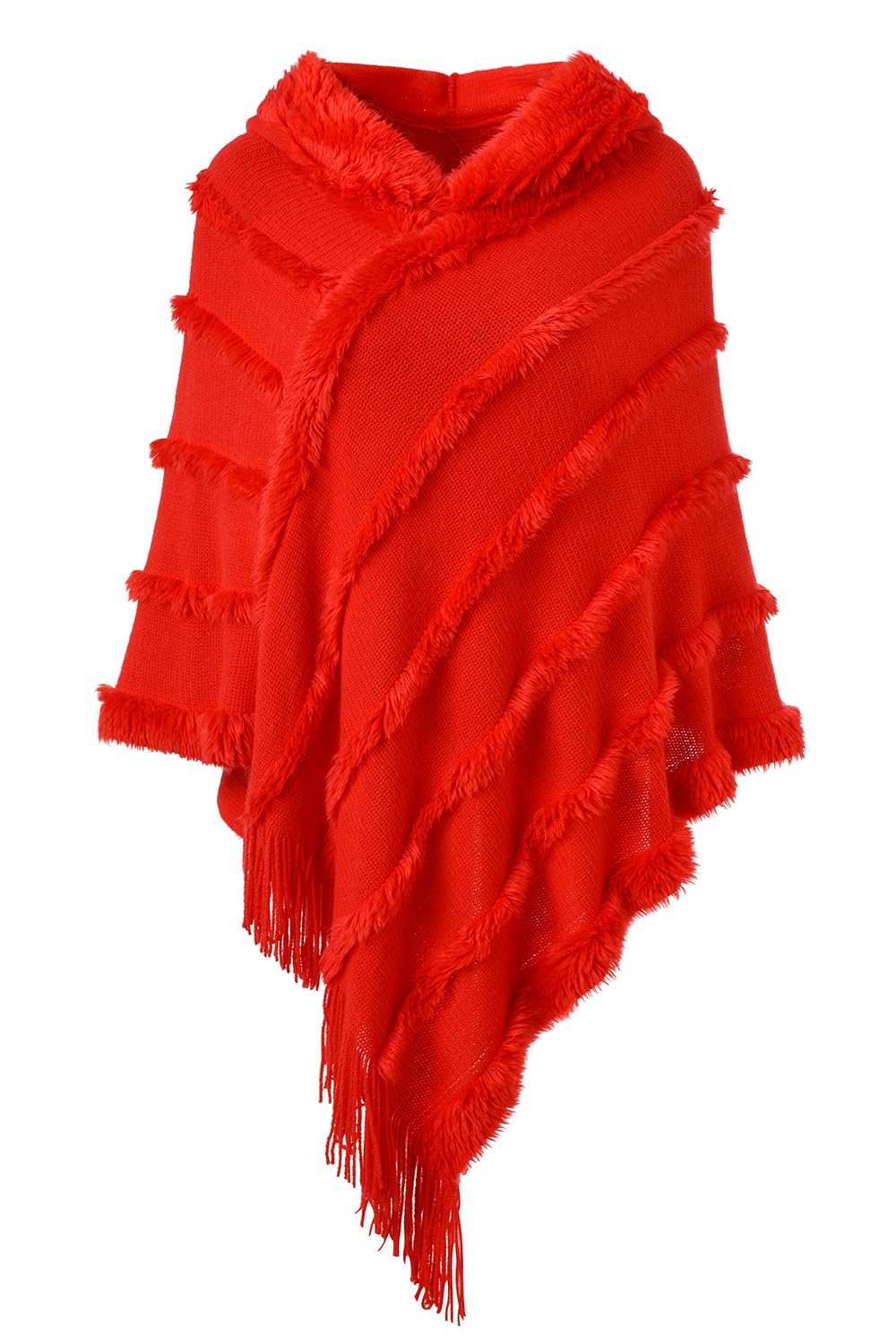 Ferand Ladies' Lightweight Fuzzy Striped Poncho Sweater with Hood Casual Spring Cape for Women, Red