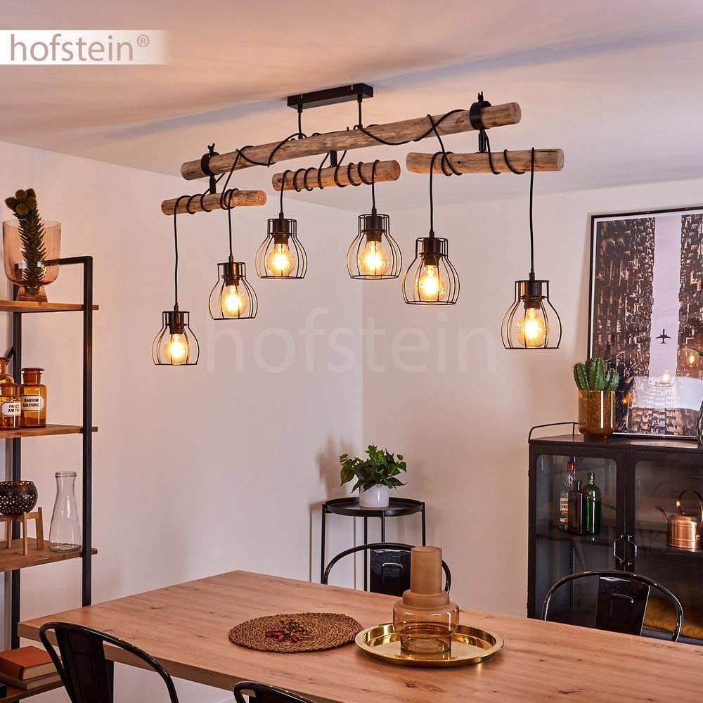 Lampa sufitowa Gondo, 6-lampowa lampa pokojowa z metalu w kolorze czarnym i naturalnego drewna, główki lamp są indywidualnie regulowane, lampa sufitowa w stylu retro/boho, 6 x E27, bez żarówek