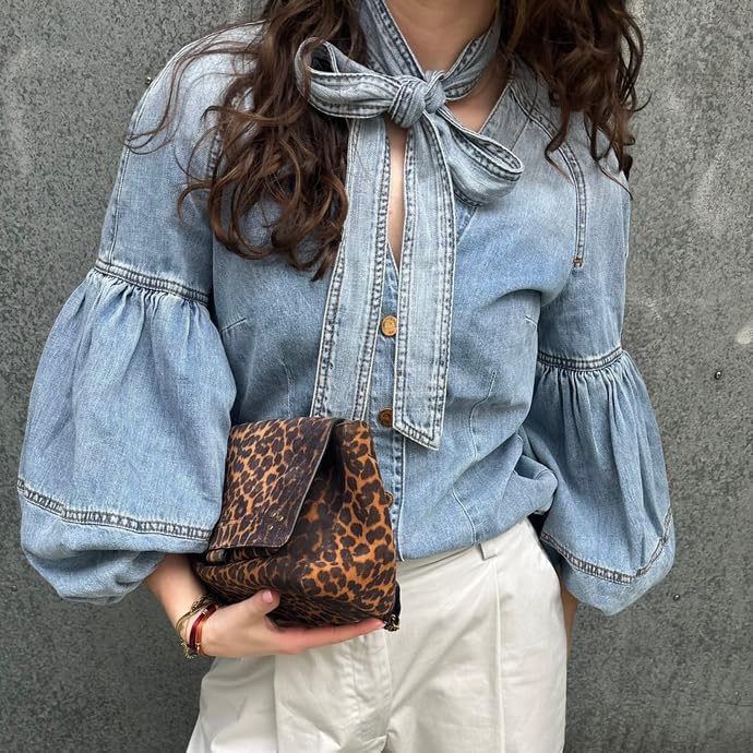 Womens Denim Shirt Tie V Neck Long Sleeves Bow Babydoll with Adjustable Waistband Cute Blue Jean Shirts for Women Denim - Image 3