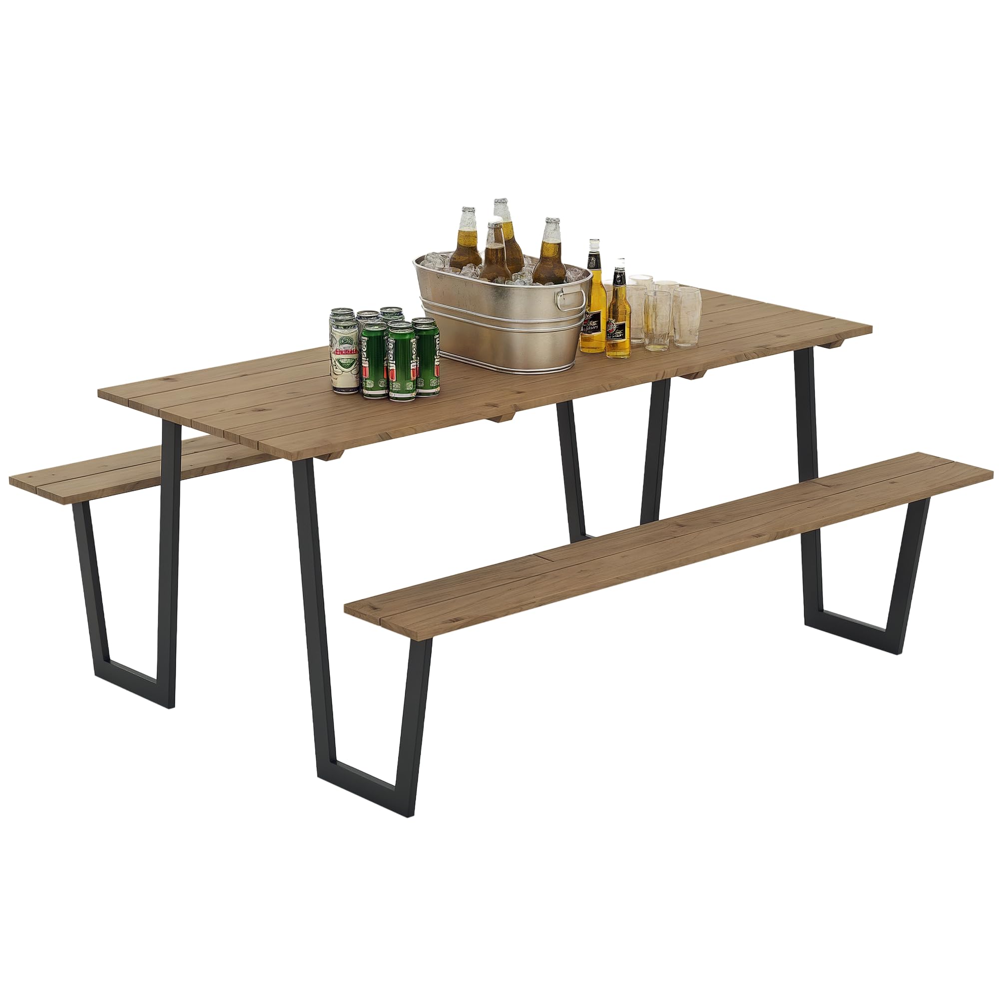 COSTWAY Ensemble Table De Pique-Nique Et 2 Bancs, 6 Personnes, En Bois, Trou Pour Parasol, Conception à Lattes, Charge Total 230 KG